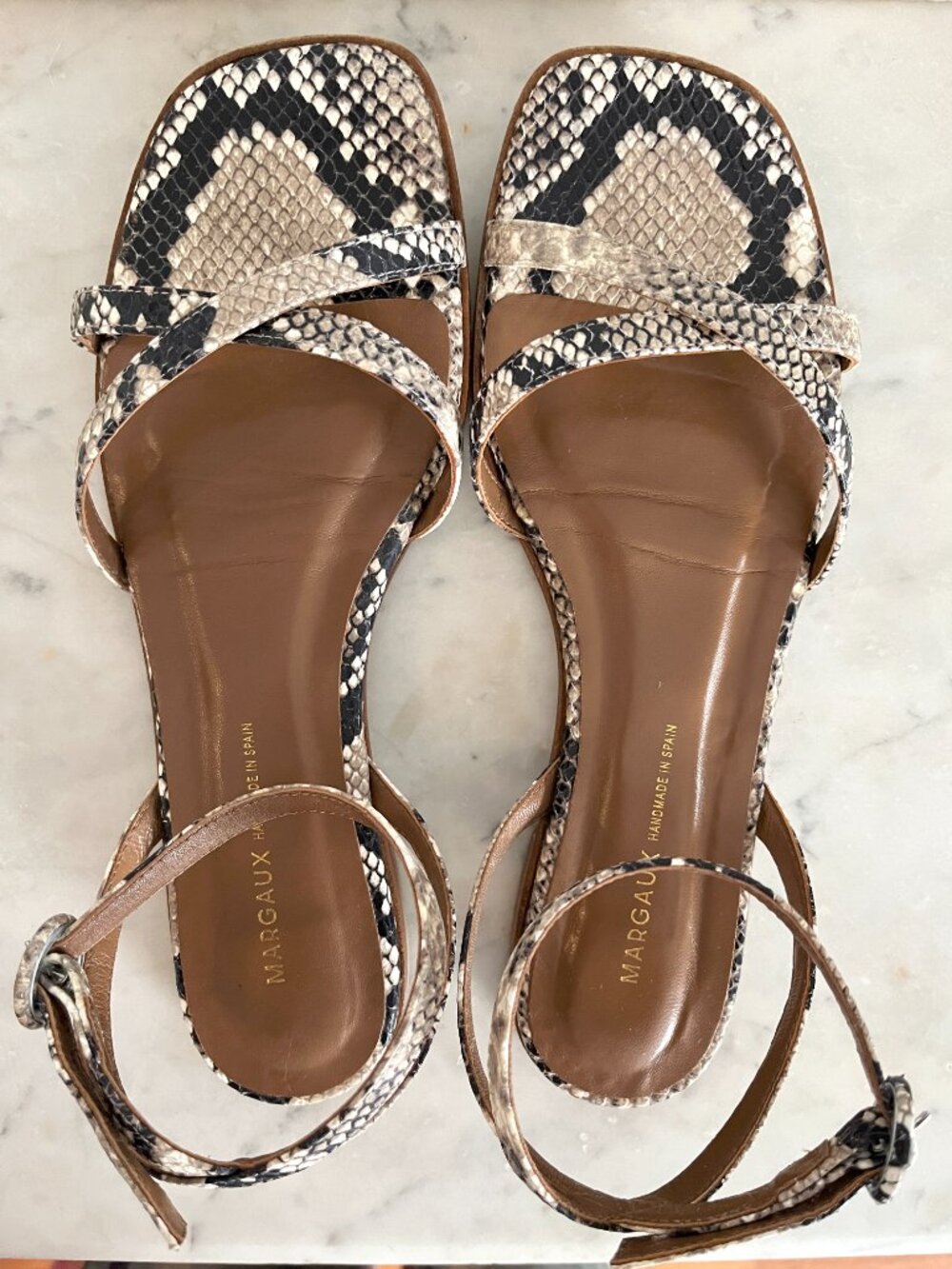 Margaux Leather Flat Sandals, Natural Python Embossed, EU 38/US 8 Wide